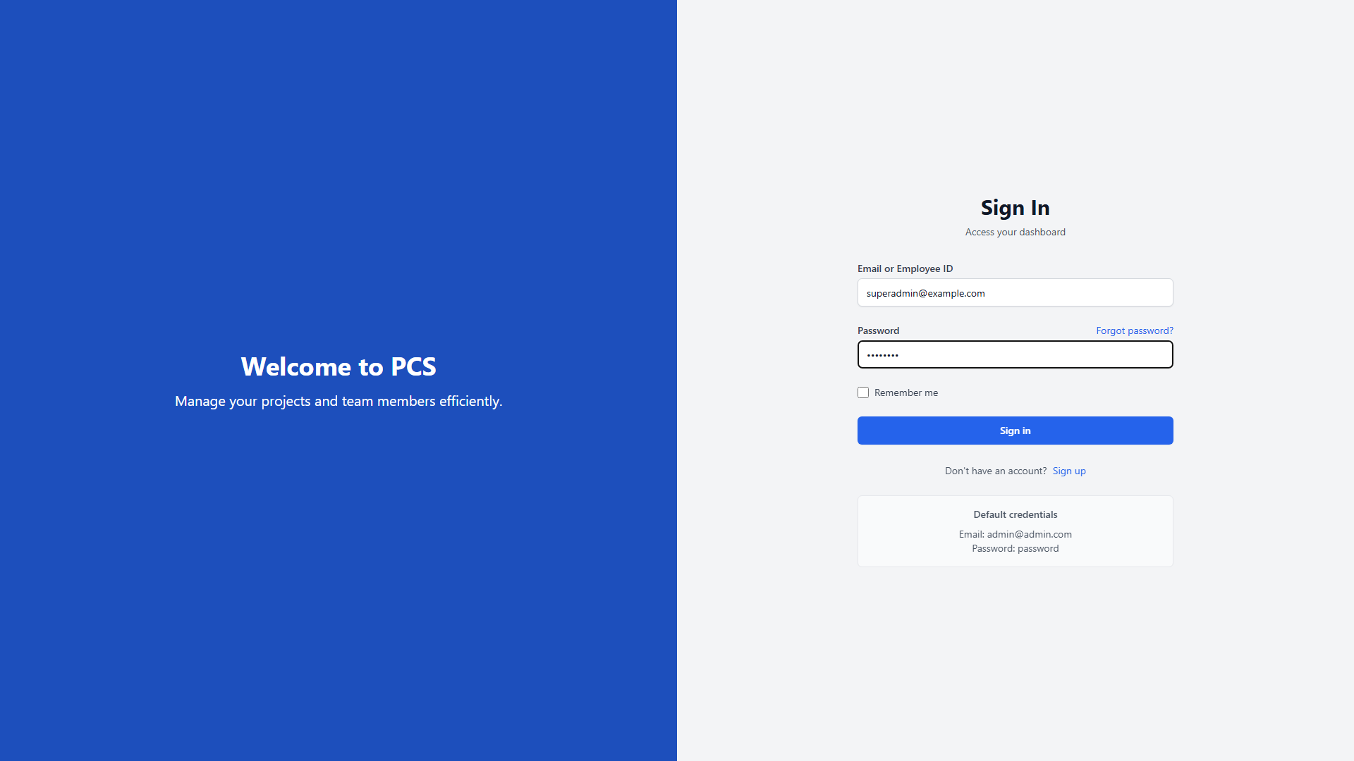 PCS login screen