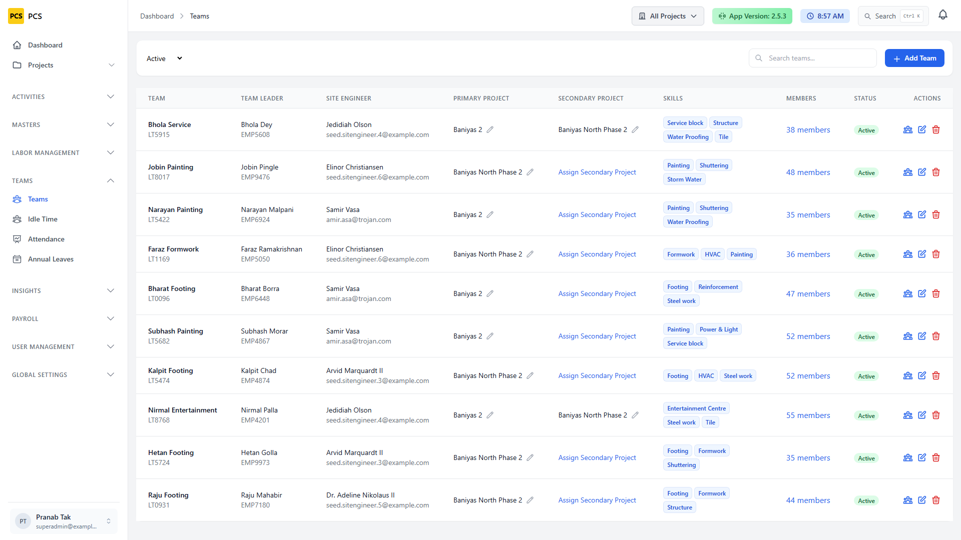 Teams list showing primary and secondary project columns