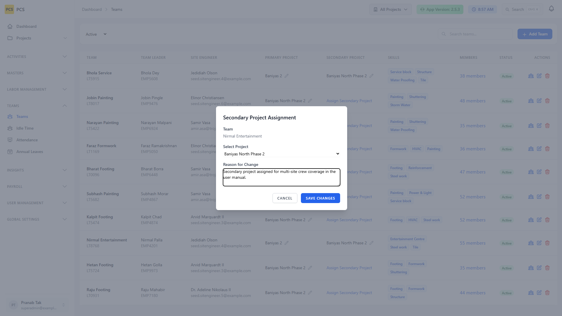 Assign secondary project modal