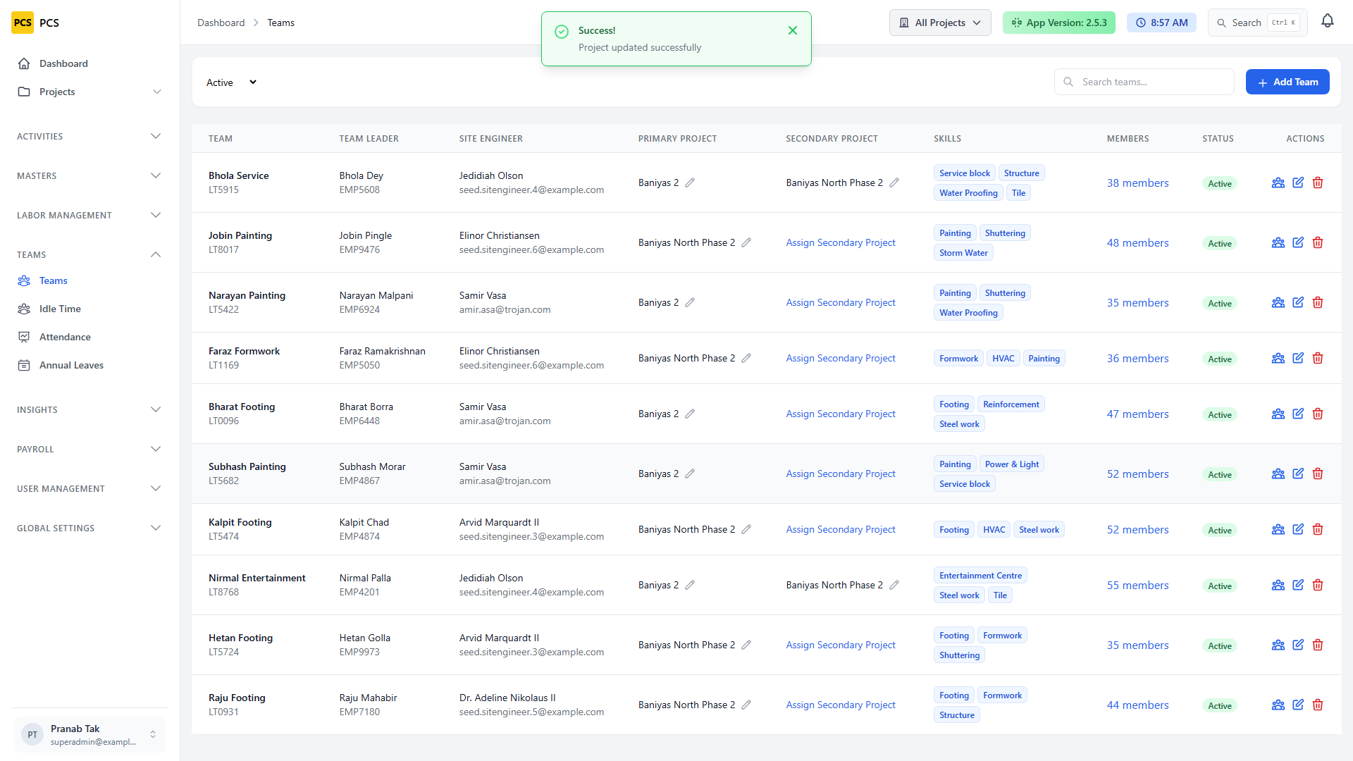 Teams list after secondary project assigned