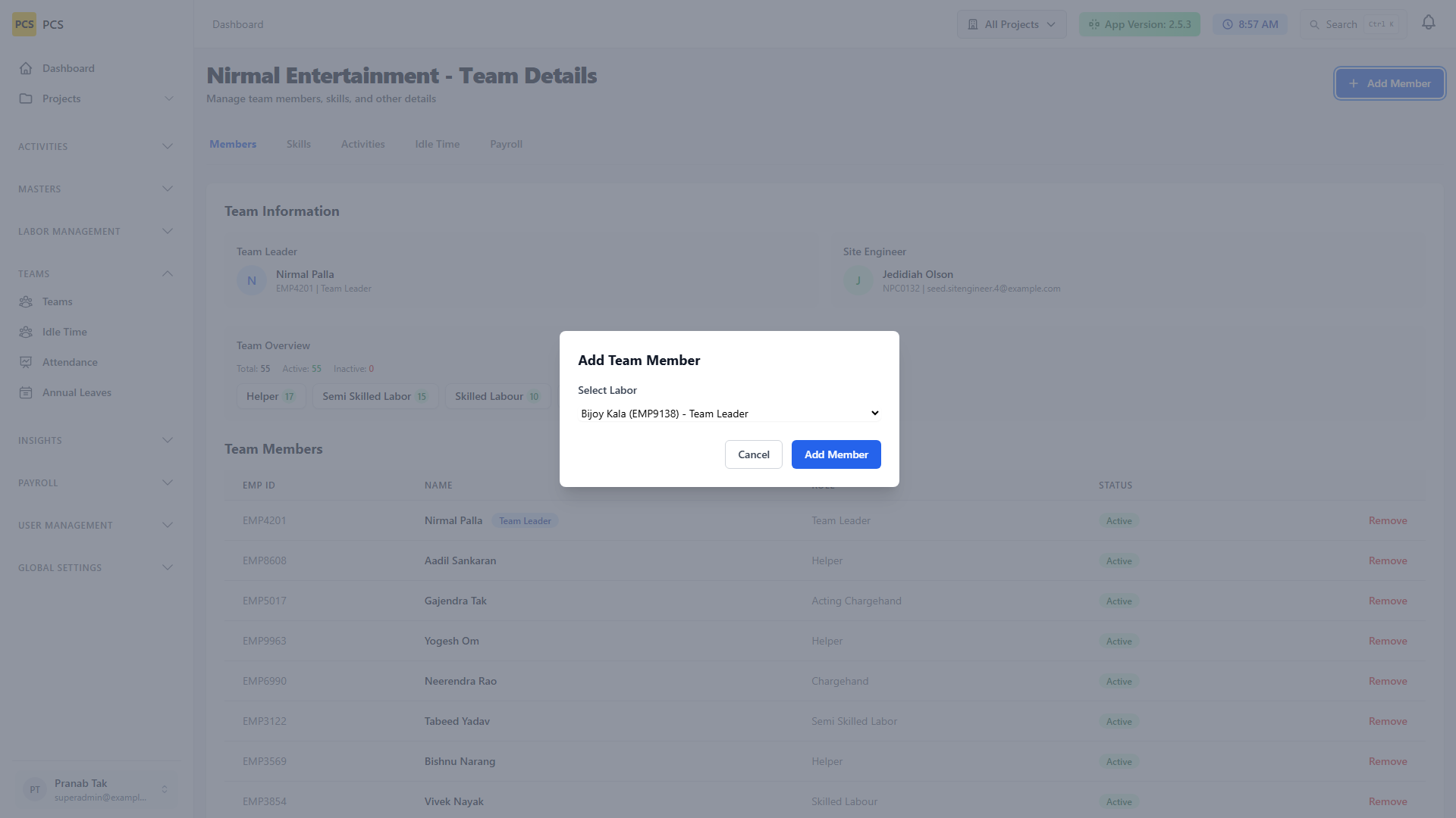Add team member modal