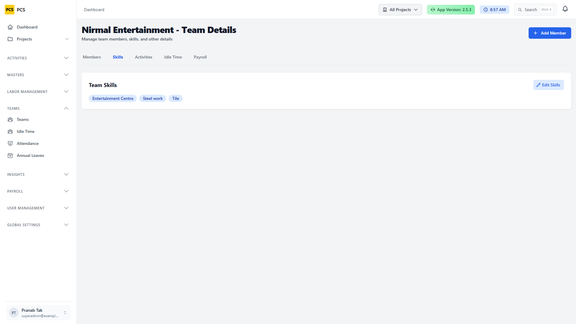 Team skills tab