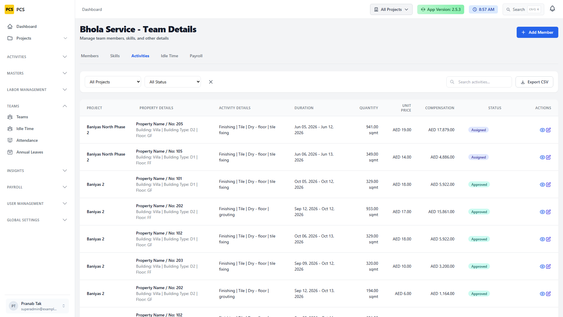 Team activities tab showing work from multiple projects