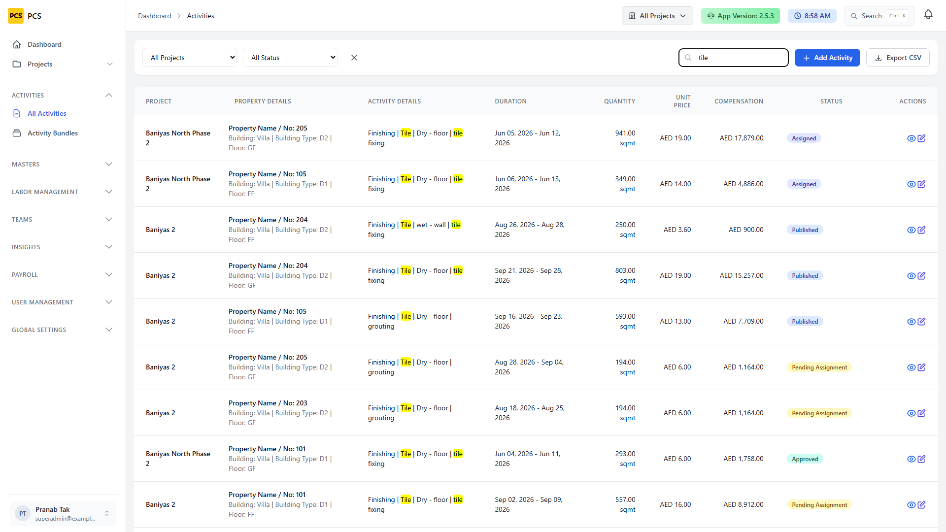 Activities list filtered by tile search