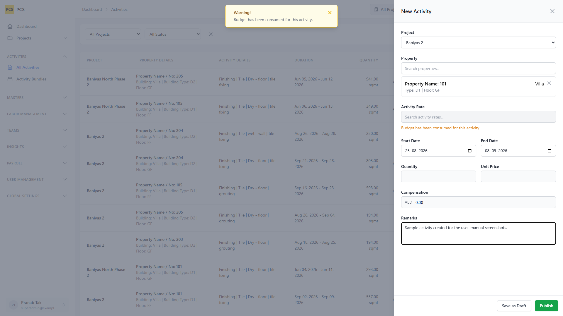 Create activity form with property and tile rate selected