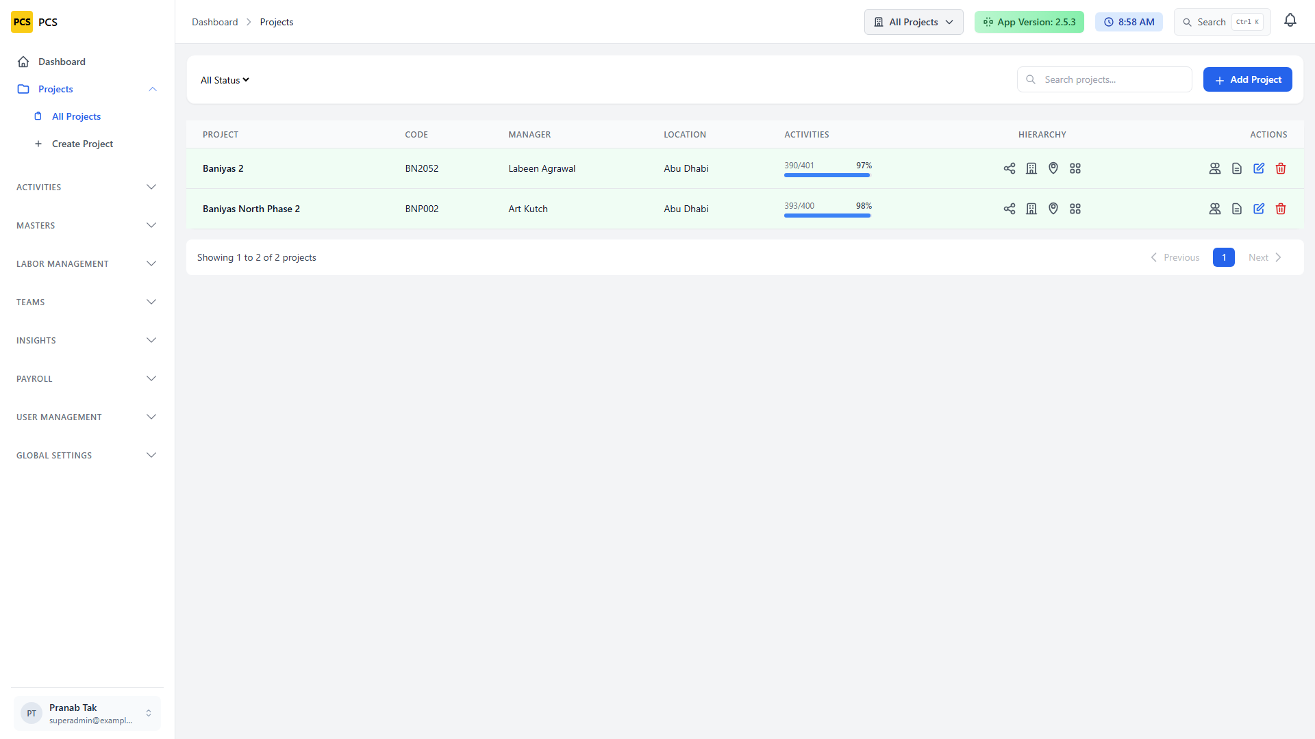 Projects list