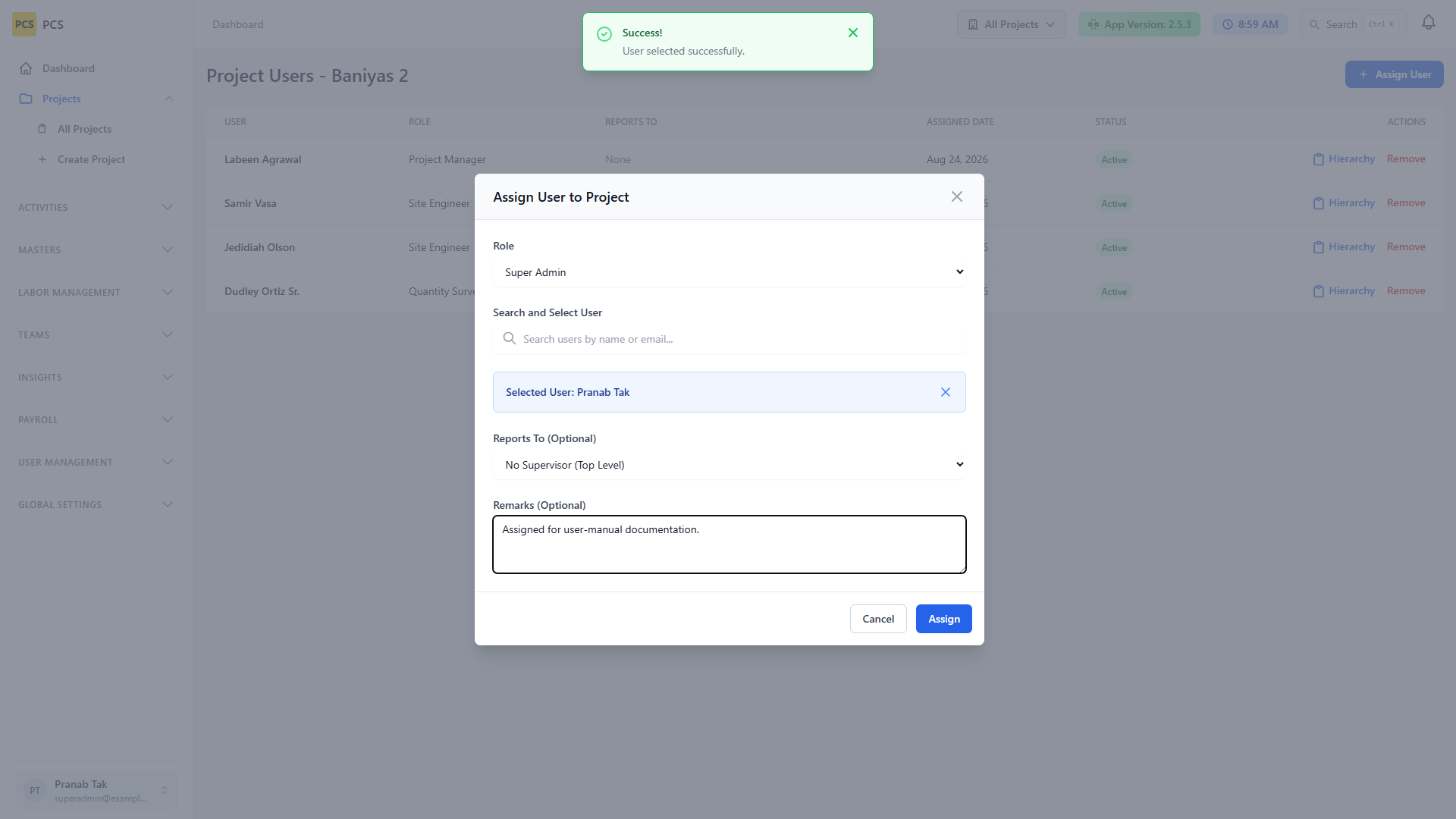 Assign user to project