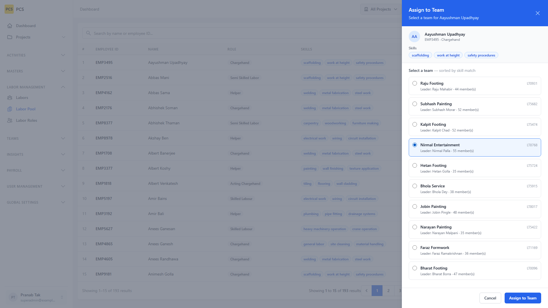 Team selected in assign drawer