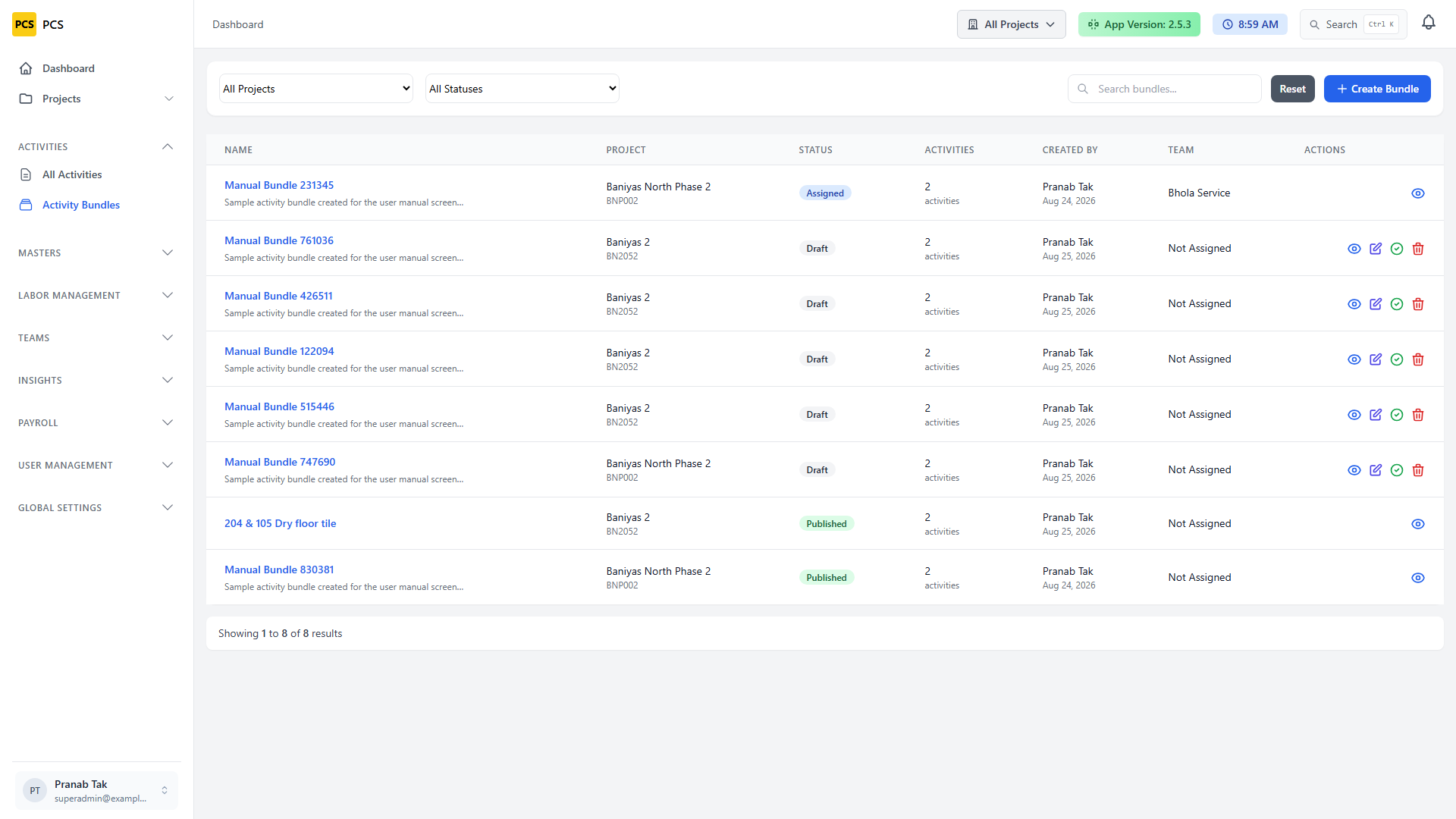 Activity bundles list