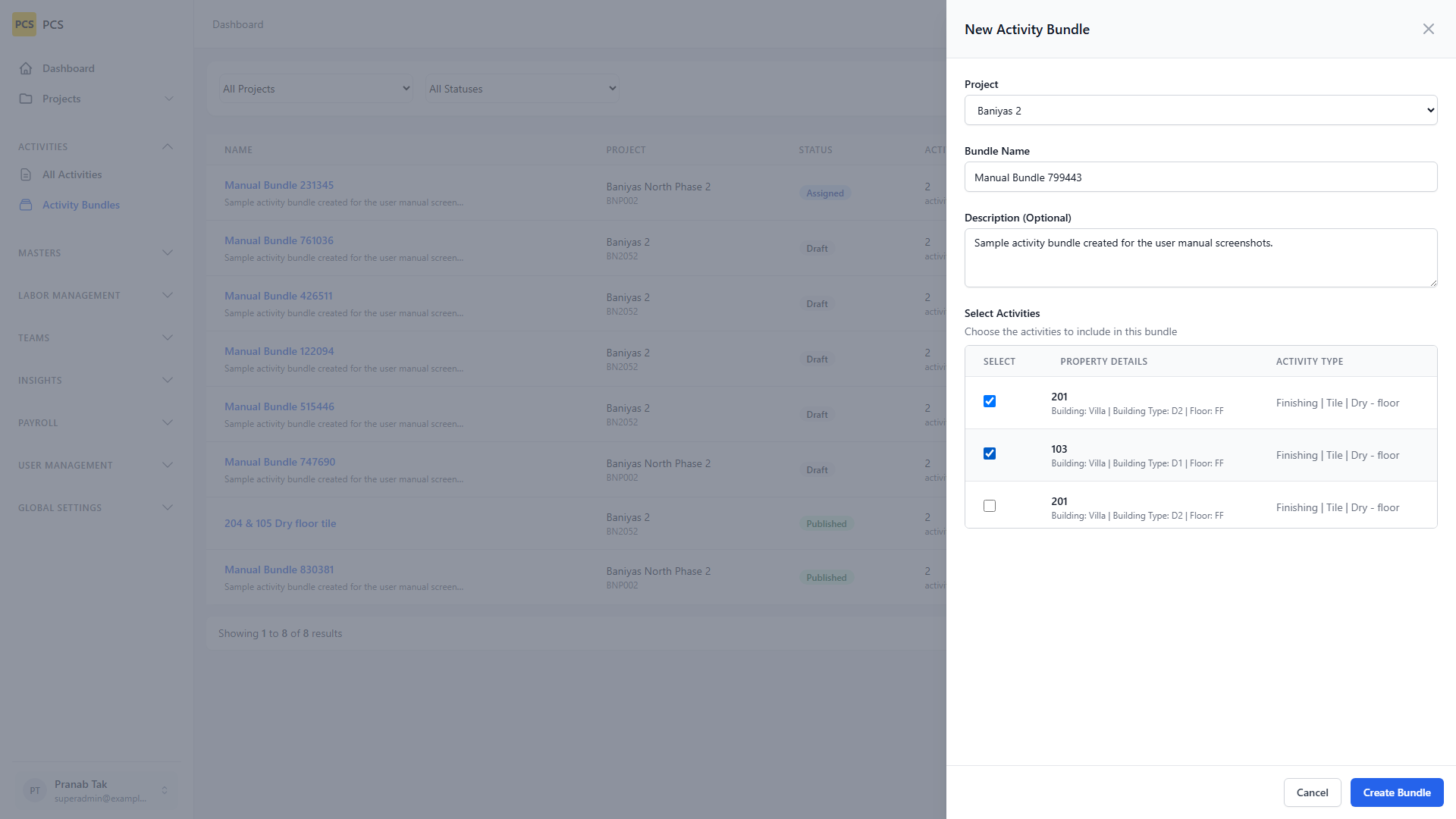 Filled activity bundle form
