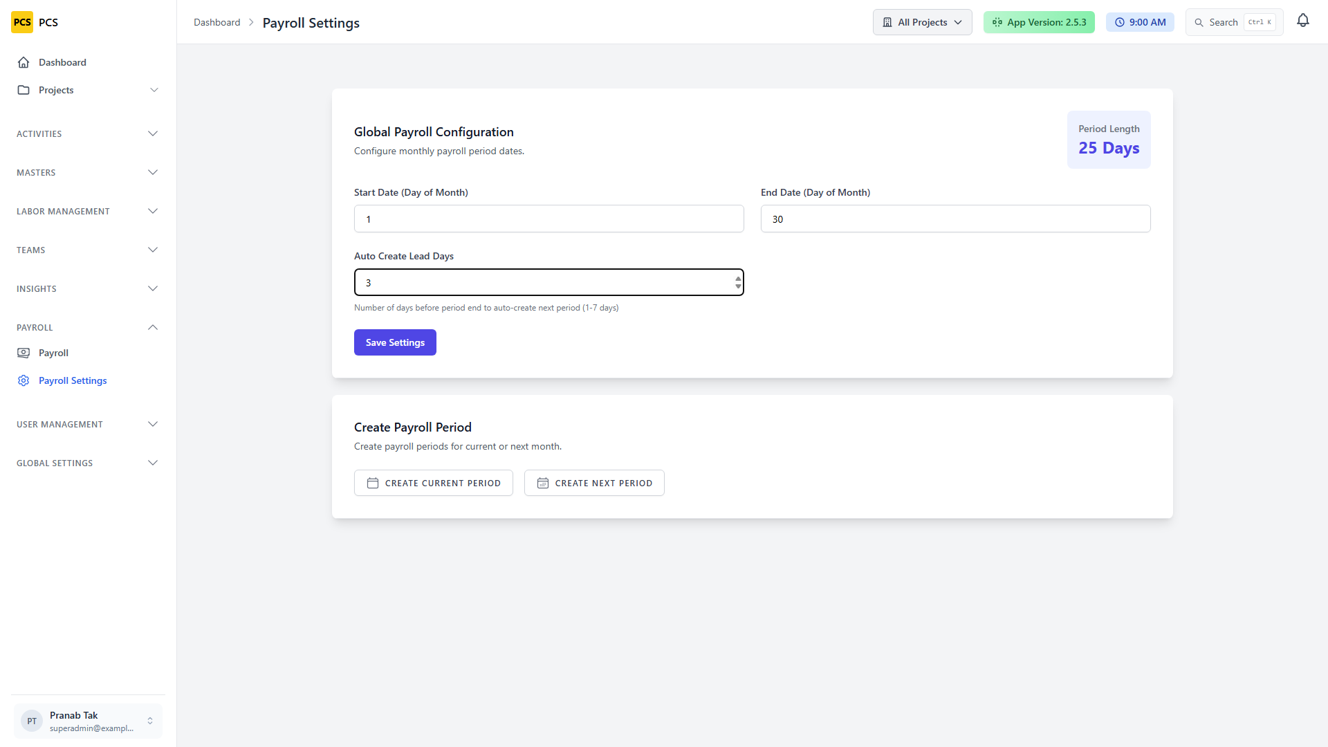 Payroll settings