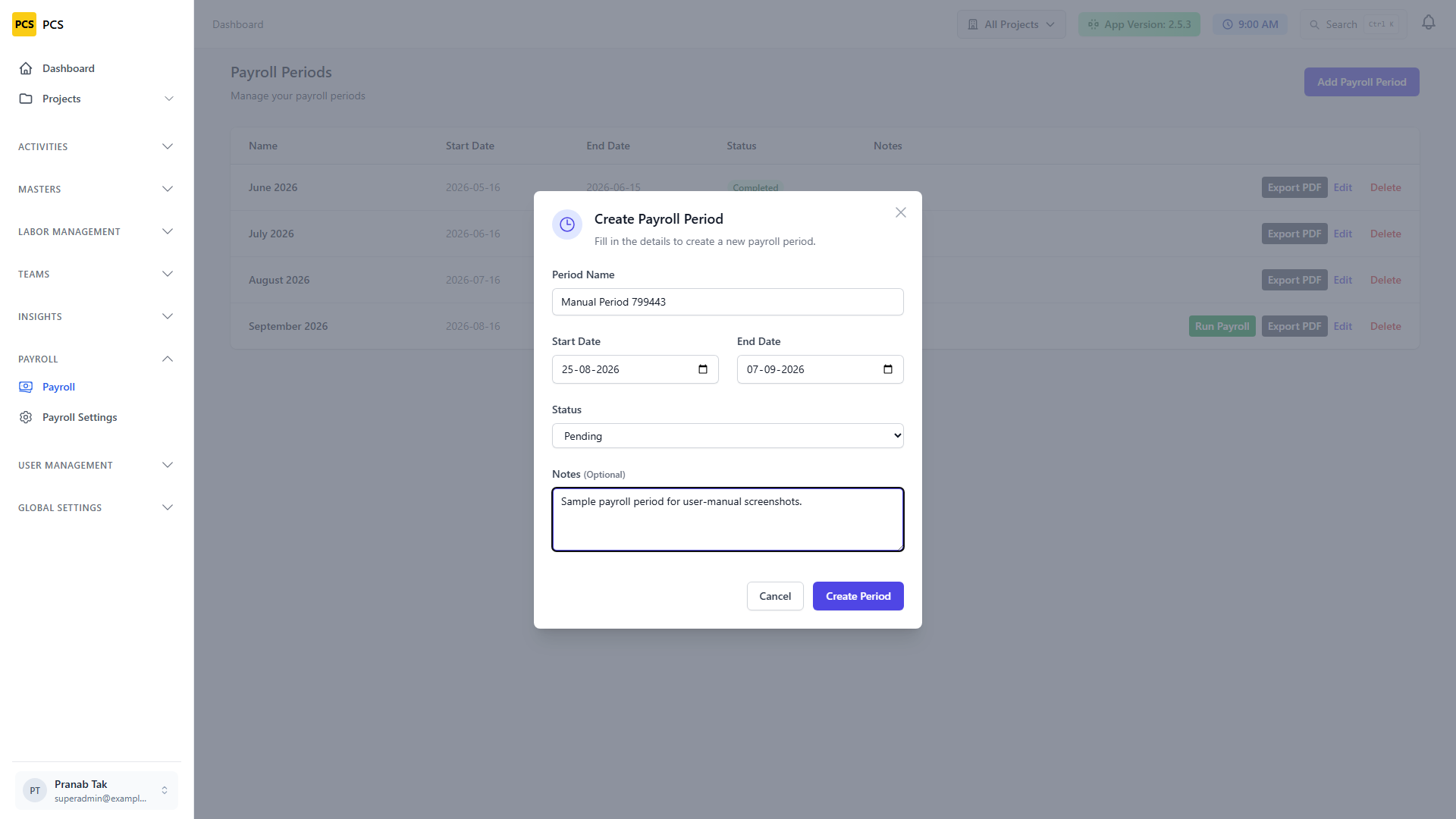 Create payroll period