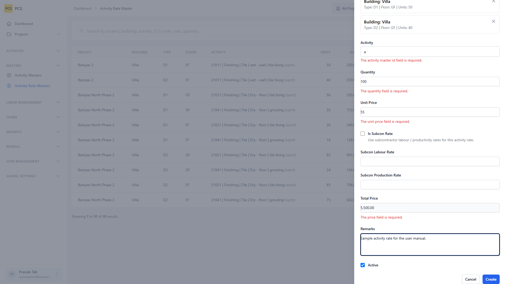 Create activity rate