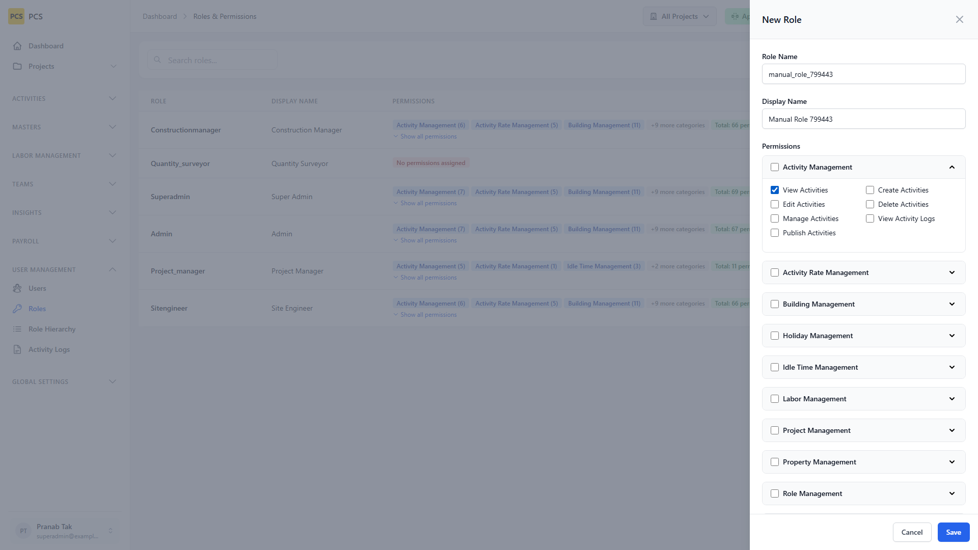 Create role drawer